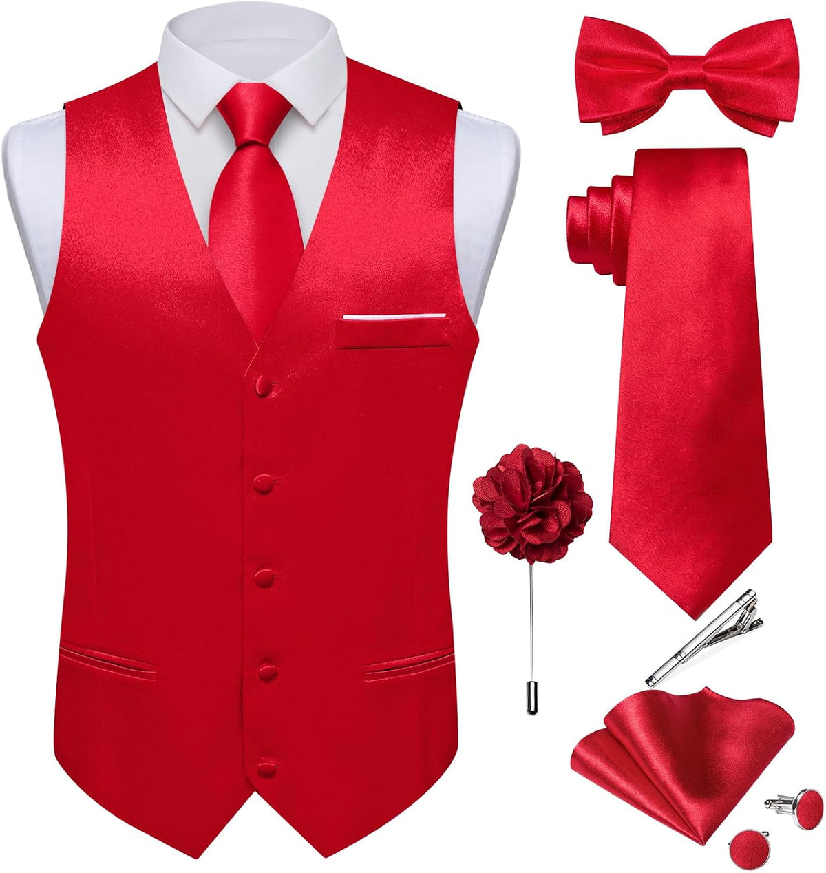 Men's Satin Suit Vest and Tie Set - Eight-Piece Solid Waistcoat, Bow Tie and Lapel Pin for Weddings - Large (27)