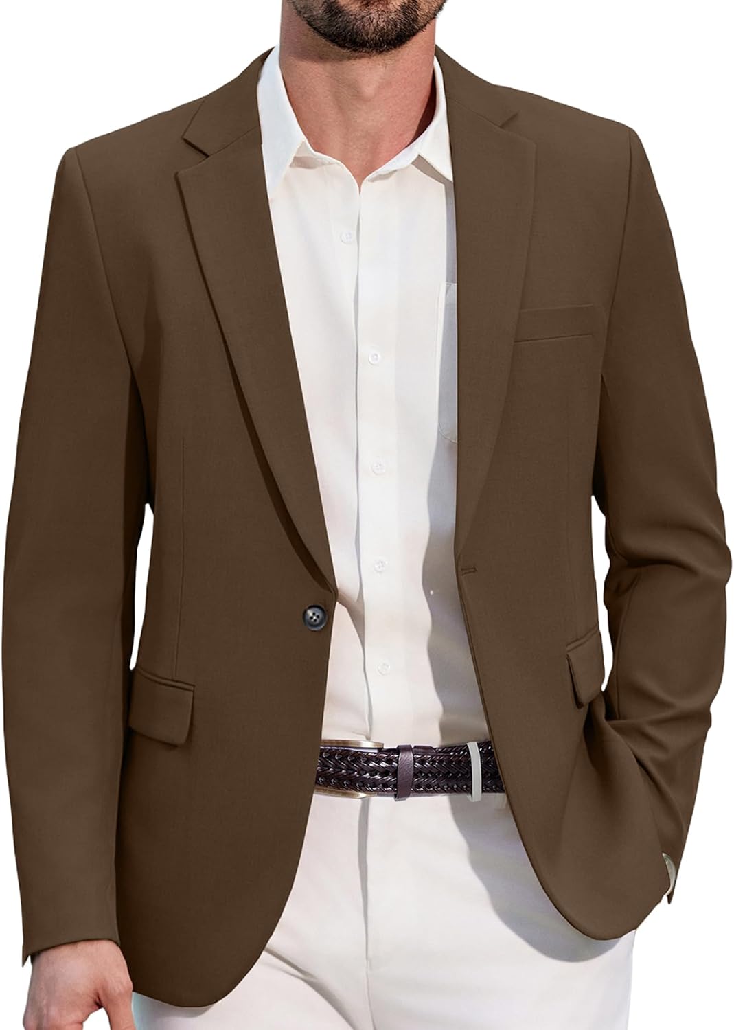 Men's One-Button Slim Fit Blazer - Notched Lapel Sport Coat with Double Vents for Weddings and Business - Brown