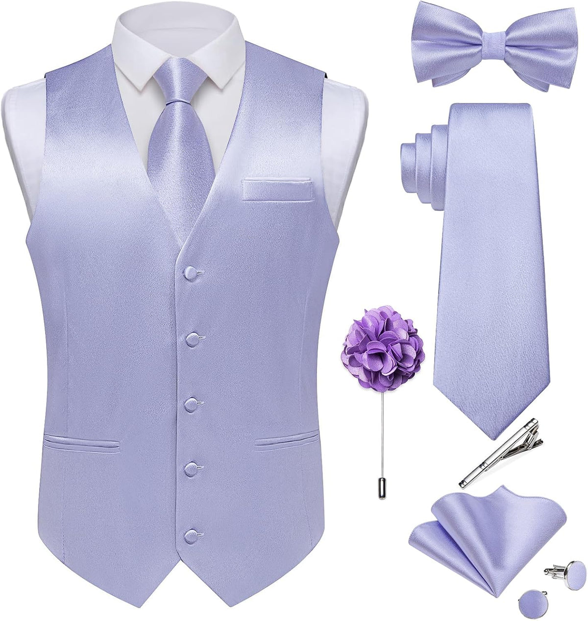 Men's Satin Suit Vest and Tie Set - Eight-Piece Solid Waistcoat, Bow Tie and Lapel Pin for Weddings - Medium