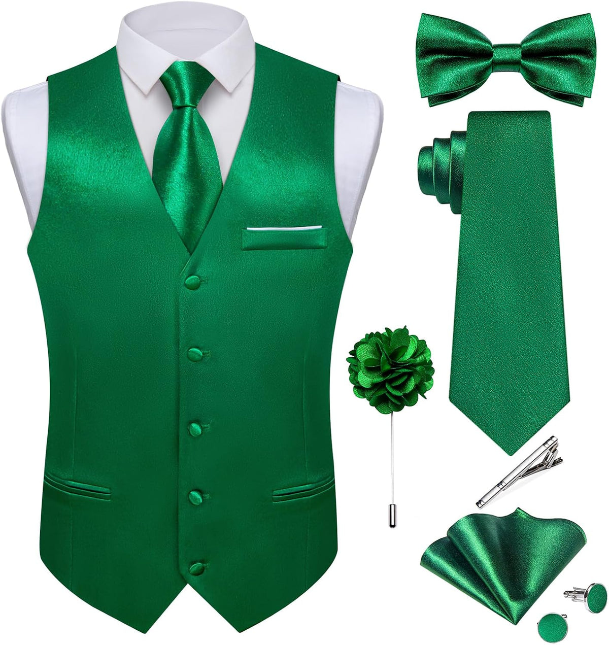Men's Satin Suit Vest and Tie Set - Eight-Piece Solid Waistcoat, Bow Tie and Lapel Pin for Weddings - Large (28)