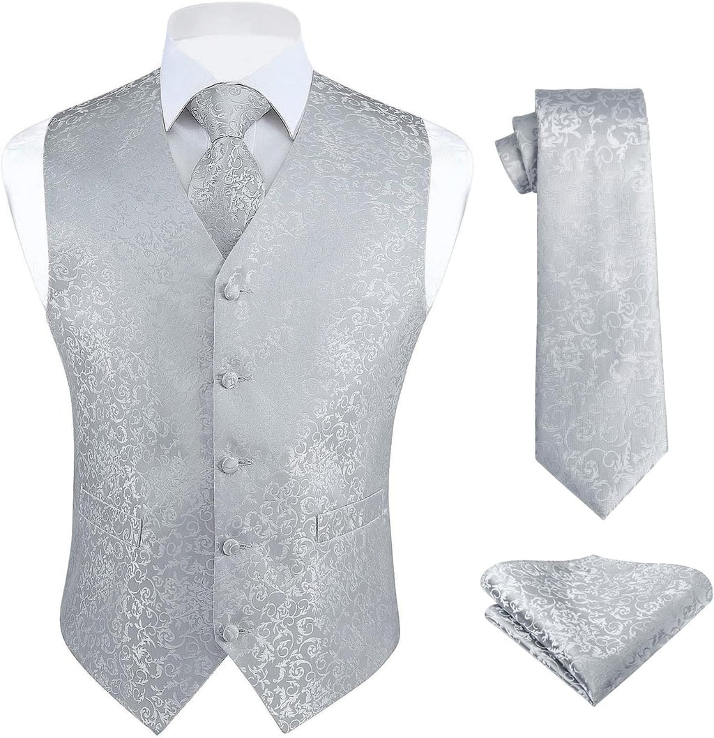 Men's Three-Piece Vest and Tie Set - Paisley Jacquard Waistcoat with Necktie and Pocket Square - Small (10)