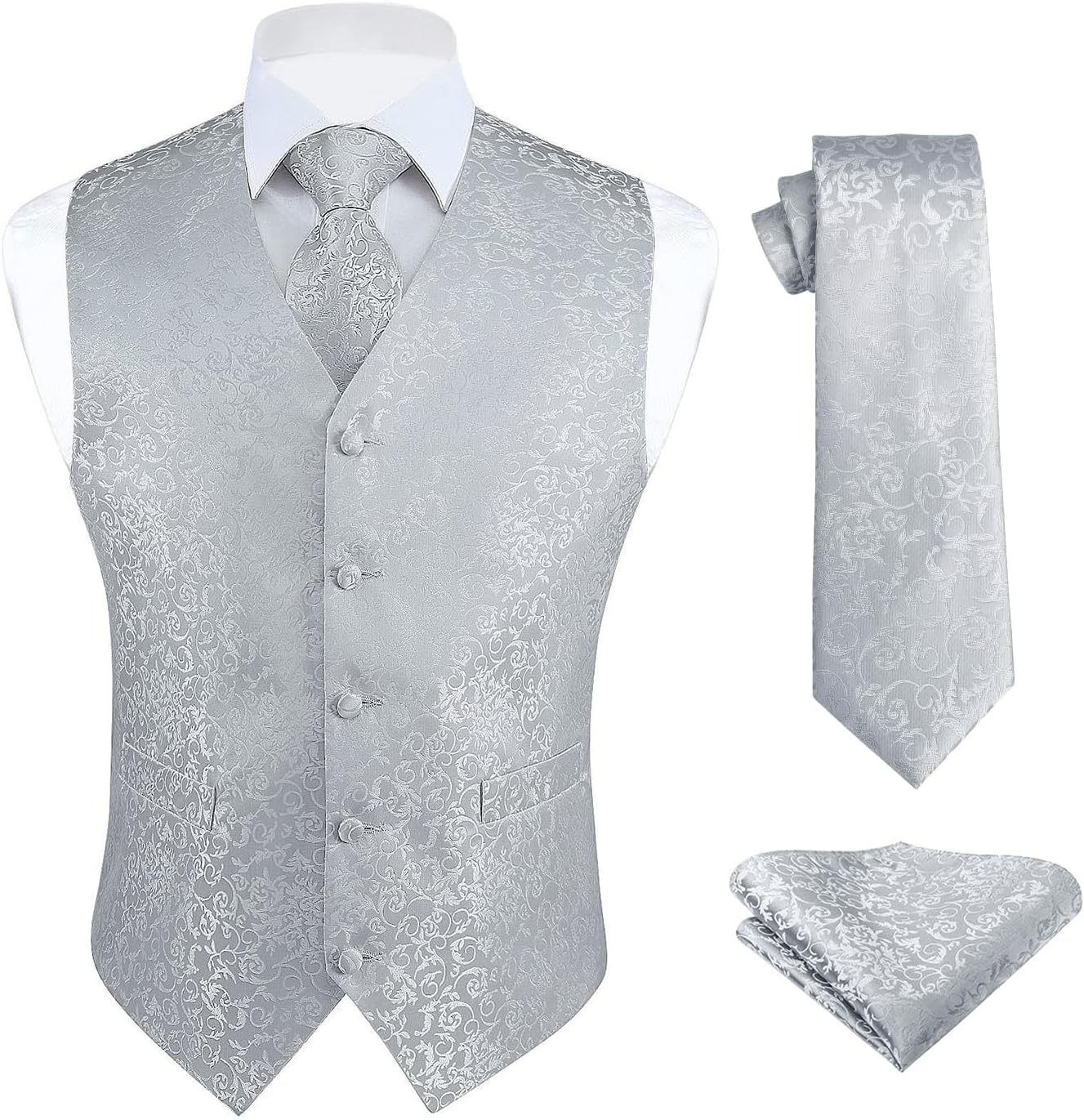 Men's Three-Piece Vest and Tie Set - Paisley Jacquard Waistcoat with Necktie and Pocket Square - Small (10)