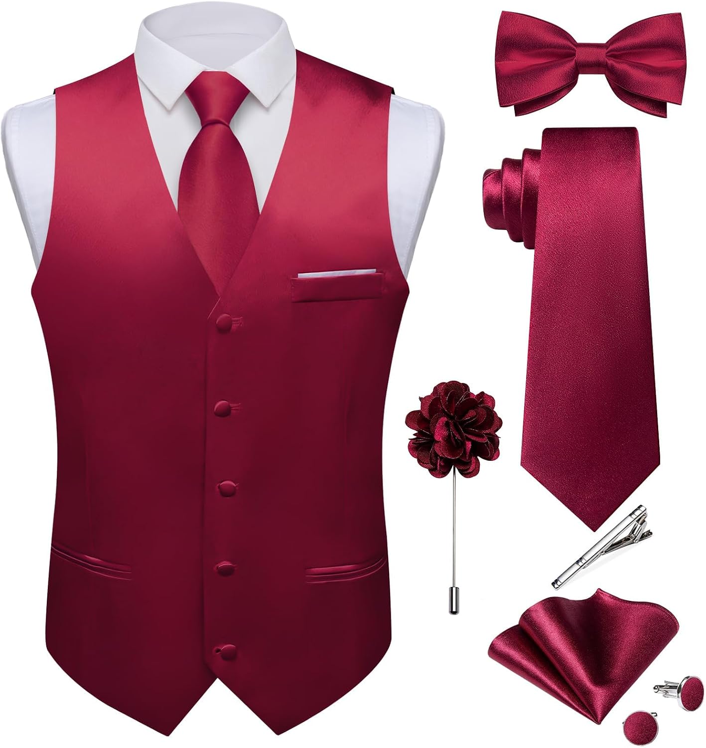 Men's Satin Suit Vest and Tie Set - Eight-Piece Solid Waistcoat, Bow Tie and Lapel Pin for Weddings - Medium