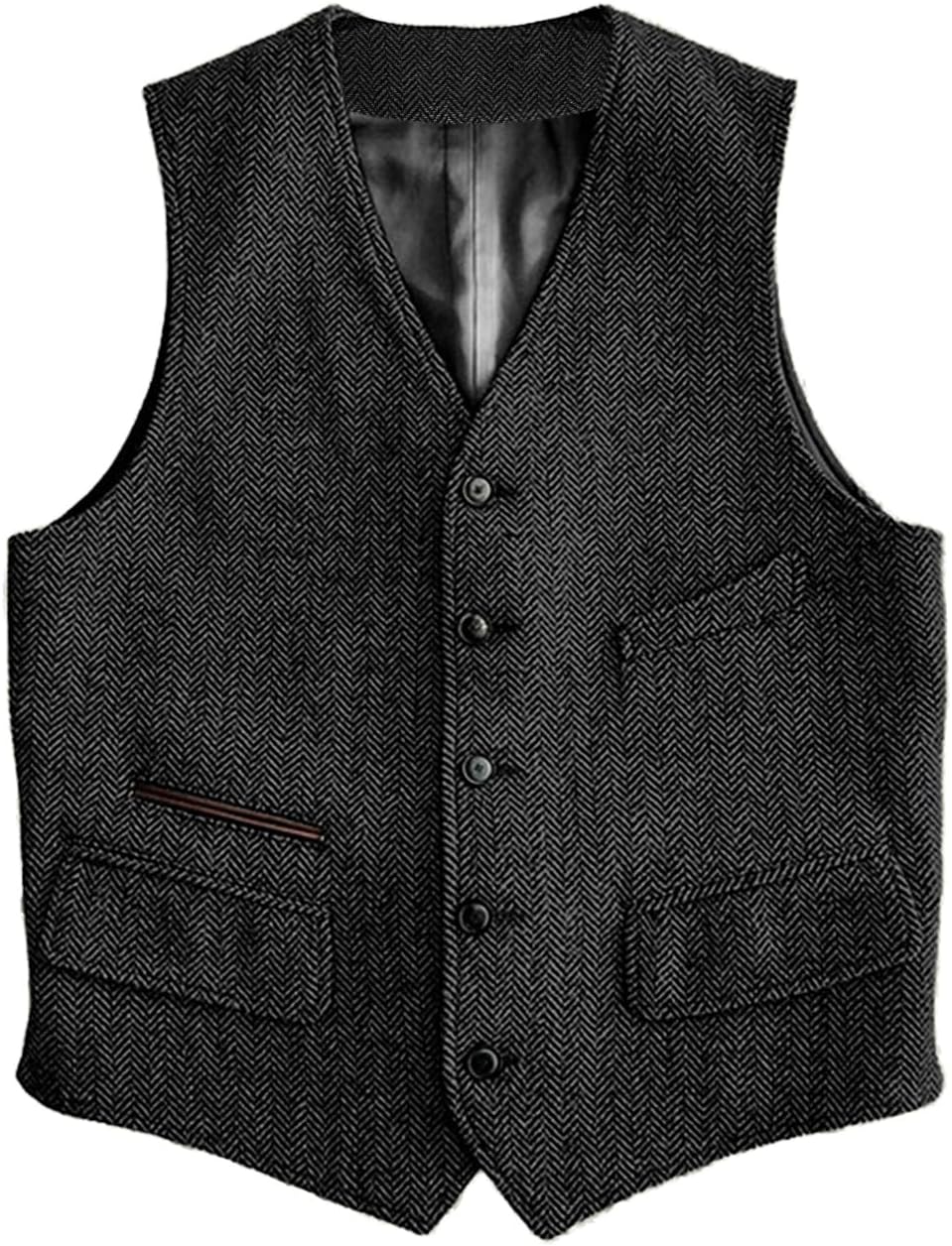 Men's Herringbone Suit Vest - Vintage V-Neck Wool-Blend Waistcoat for Casual and Formal Wear - Small