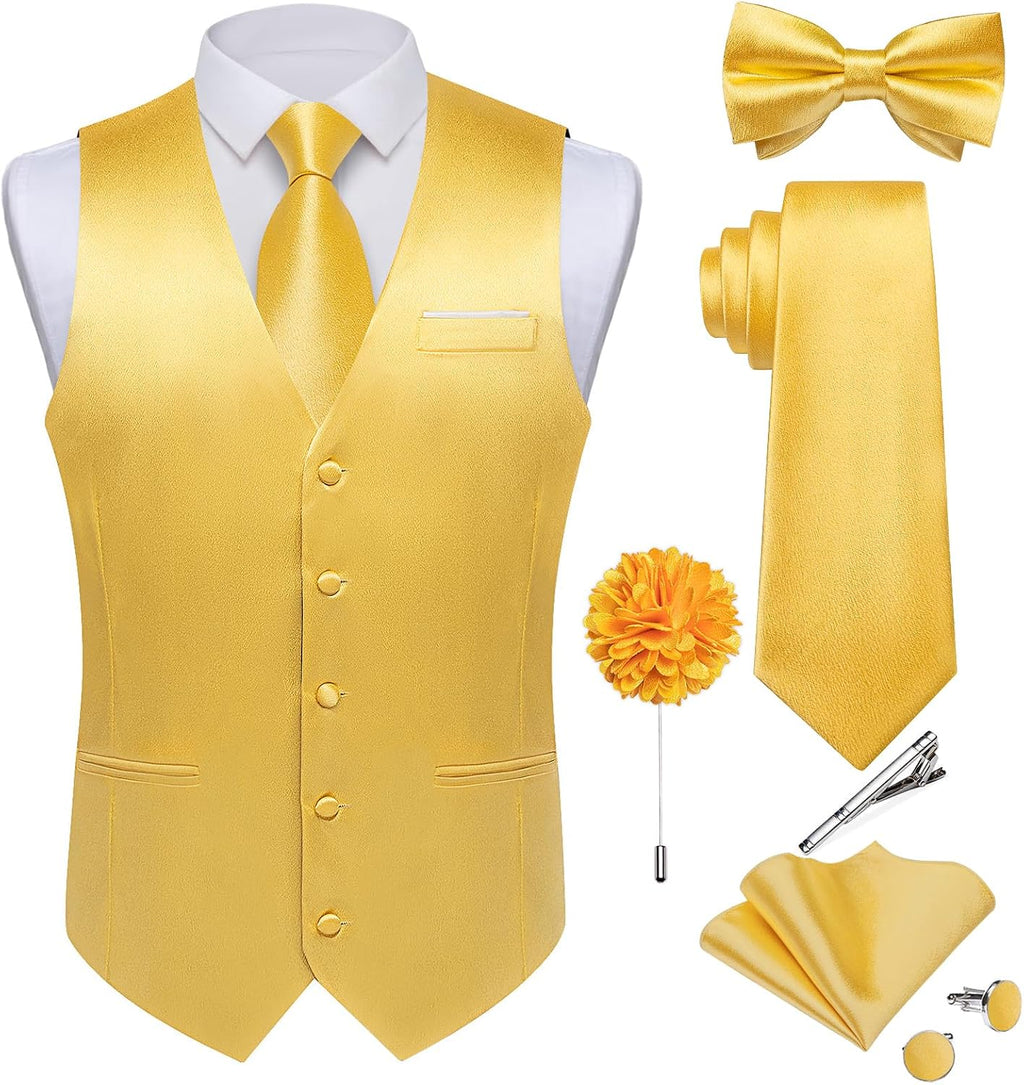 Men's Satin Suit Vest and Tie Set - Eight-Piece Solid Waistcoat, Bow Tie and Lapel Pin for Weddings - Medium
