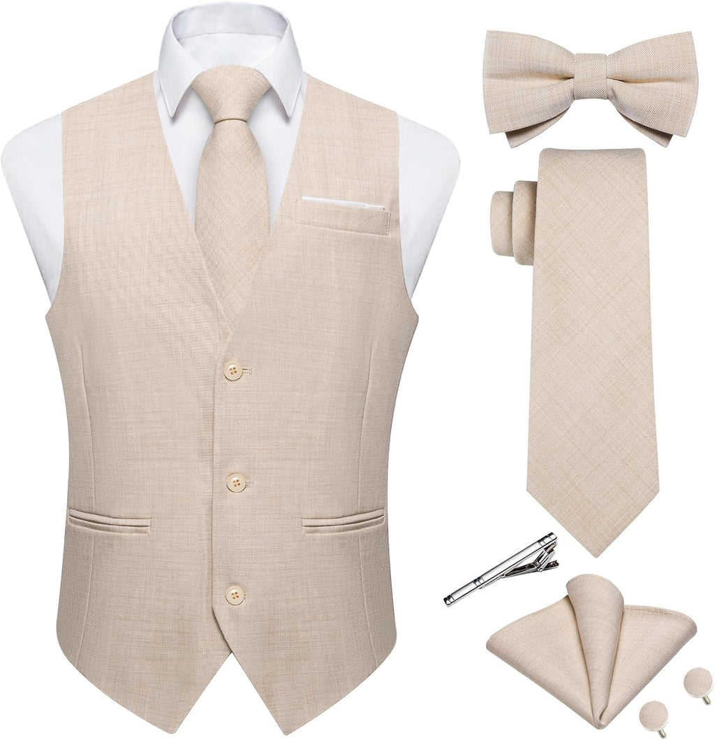 Men's Linen Suit Vest Set - Six-Piece Solid Waistcoat with Tie and Bow Tie for Weddings and Prom - Small