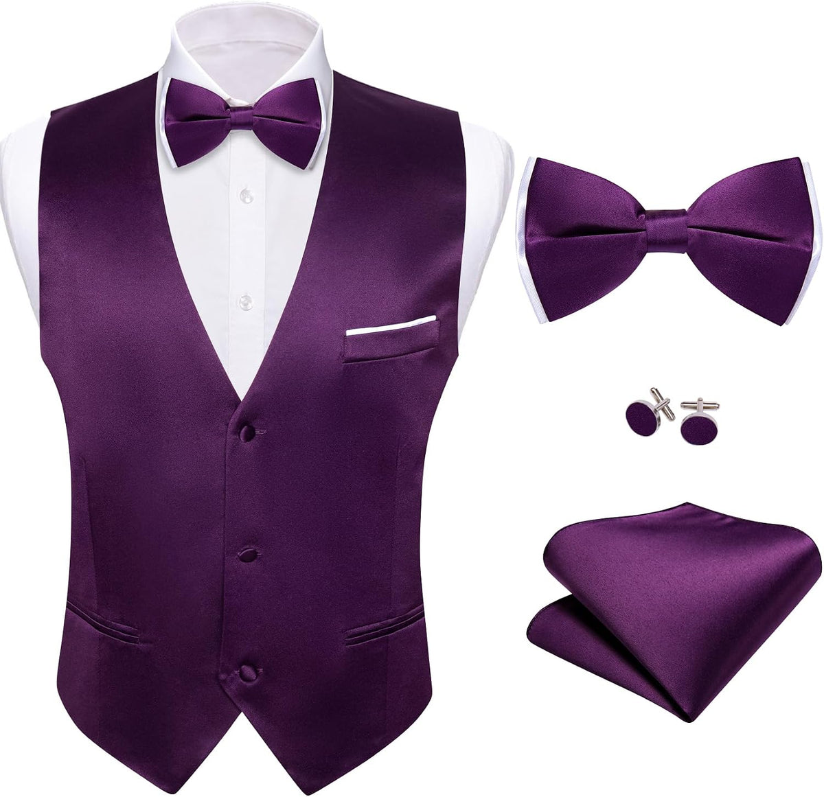 Men's Suit Vest and Bow Tie Set - Four-Piece V-Neck Slim Fit Waistcoat for Weddings and Proms - Large