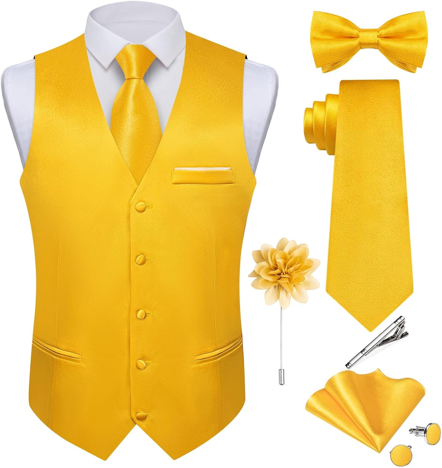Men's Satin Suit Vest and Tie Set - Eight-Piece Solid Waistcoat, Bow Tie and Lapel Pin for Weddings - Large