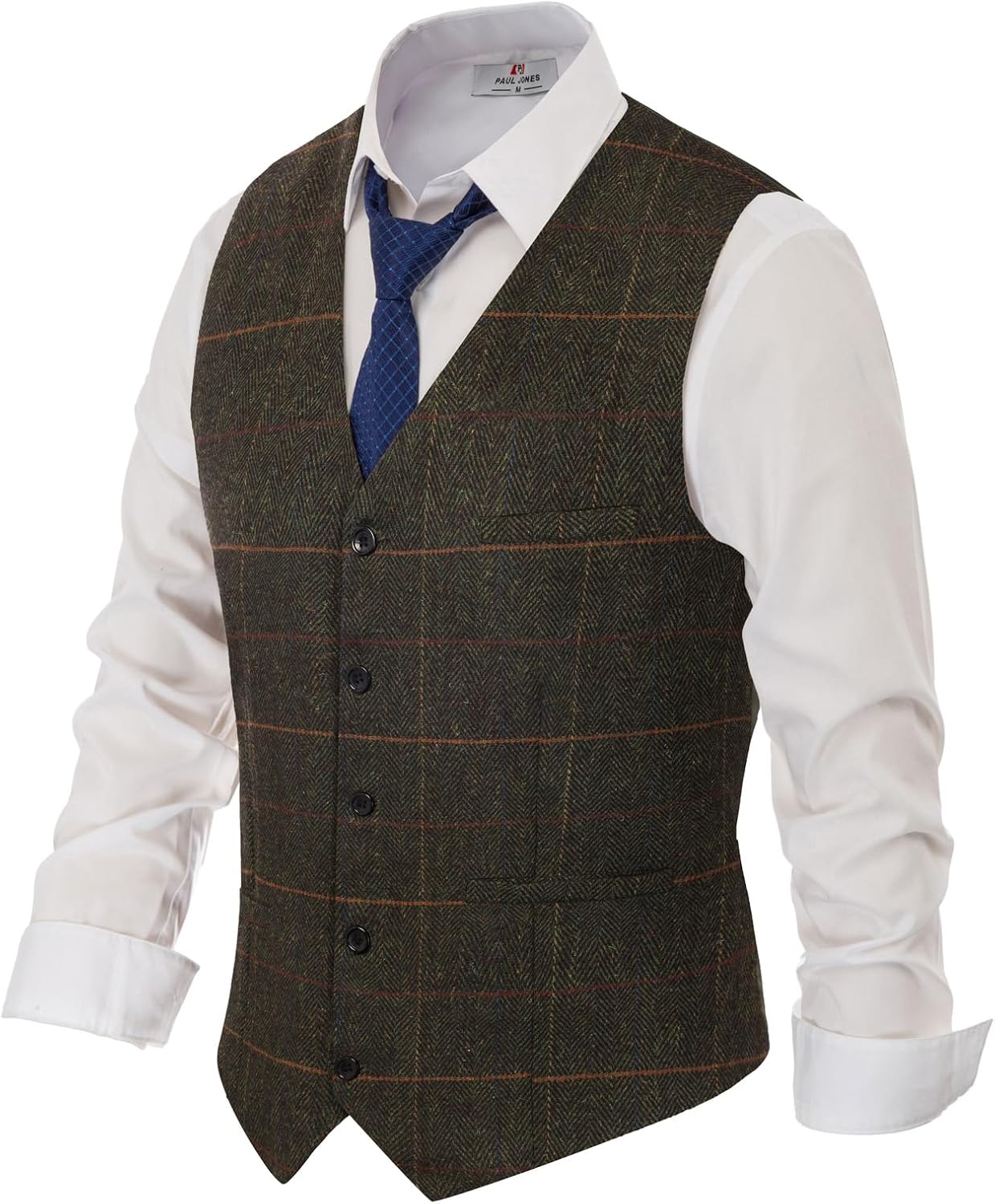 Men's Tweed Suit Vest - Vintage Herringbone Wool-Blend Waistcoat with V Neck and Five Buttons - Small