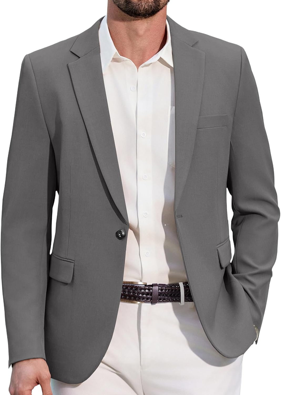 Men's One-Button Slim Fit Blazer - Notched Lapel Sport Coat with Double Vents for Weddings and Business - Brown (11)