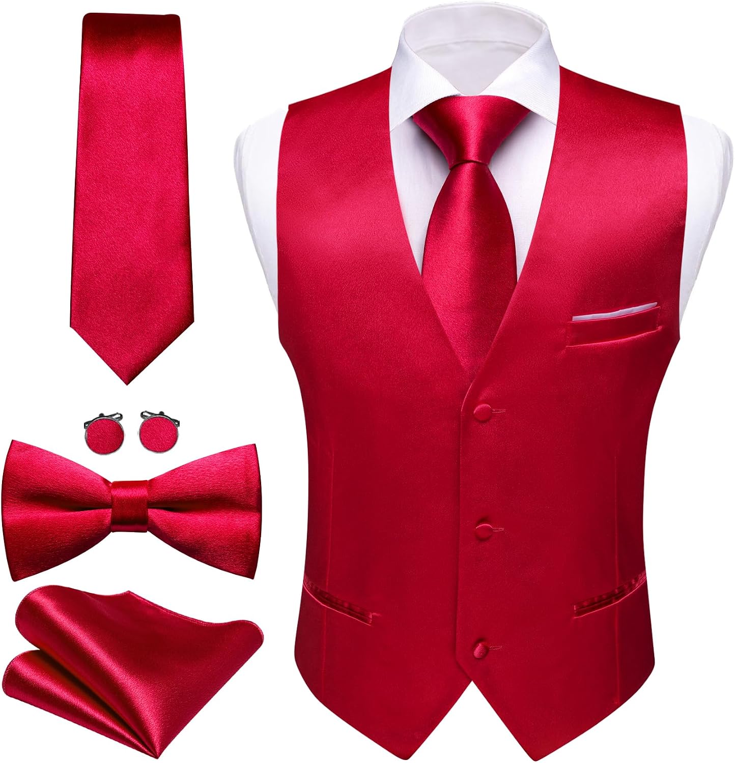 Men's Formal Suit Vest Set - Five-Piece Slim Fit V-Neck Waistcoat with Tie and Bow Tie - Large