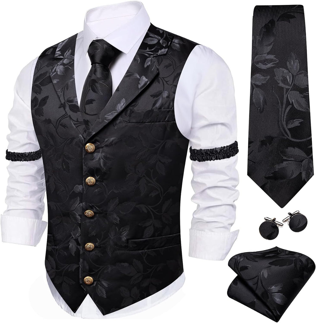 Men's Silk Paisley Suit Vest Set - Five-Piece Shawl Collar Waistcoat with Tie, Handkerchief and Cufflinks - Large