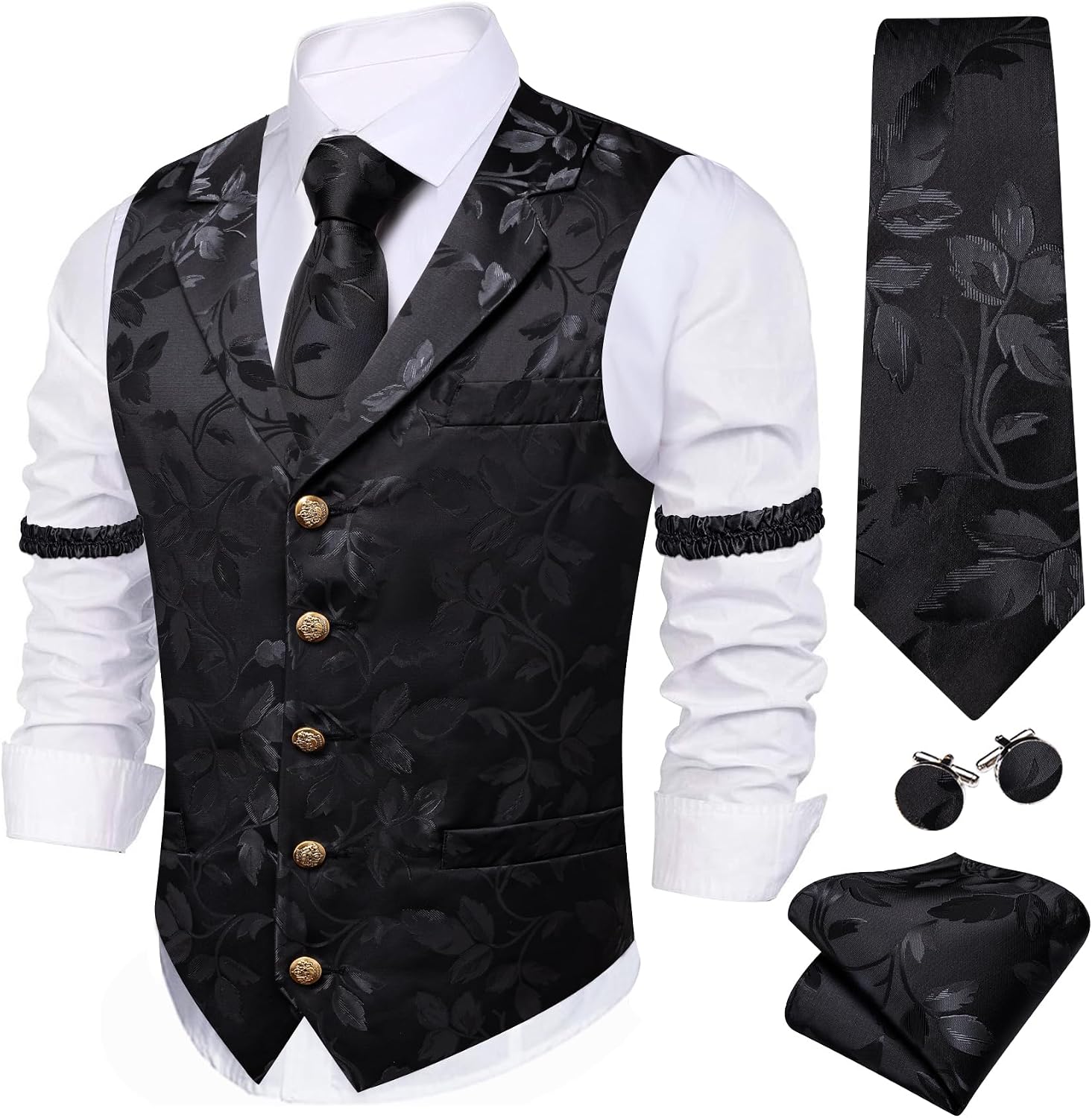 Men's Silk Paisley Suit Vest Set - Five-Piece Shawl Collar Waistcoat with Tie, Handkerchief and Cufflinks - Large