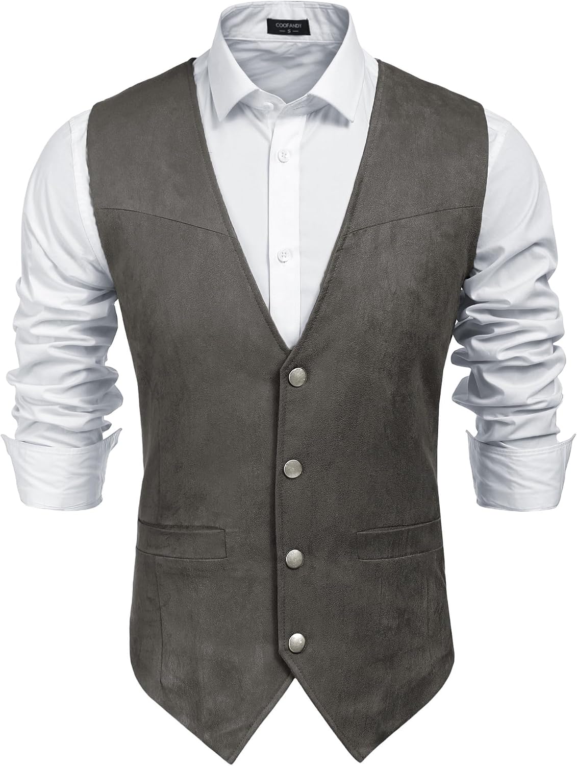 Men's Suede Western Vest - Slim Fit Cowboy Waistcoat with Two Pockets and Button Closure - Medium
