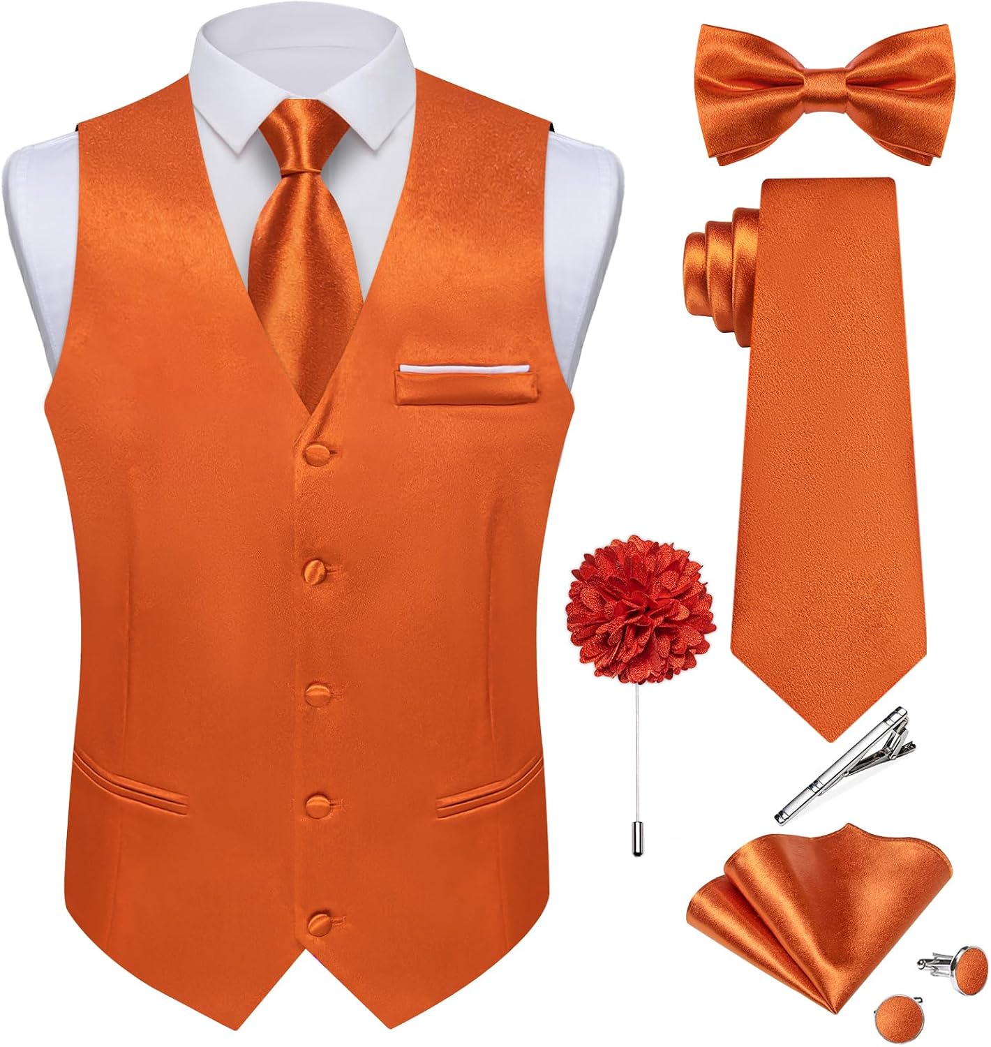 Men's Satin Suit Vest and Tie Set - Eight-Piece Solid Waistcoat, Bow Tie and Lapel Pin for Weddings - Small