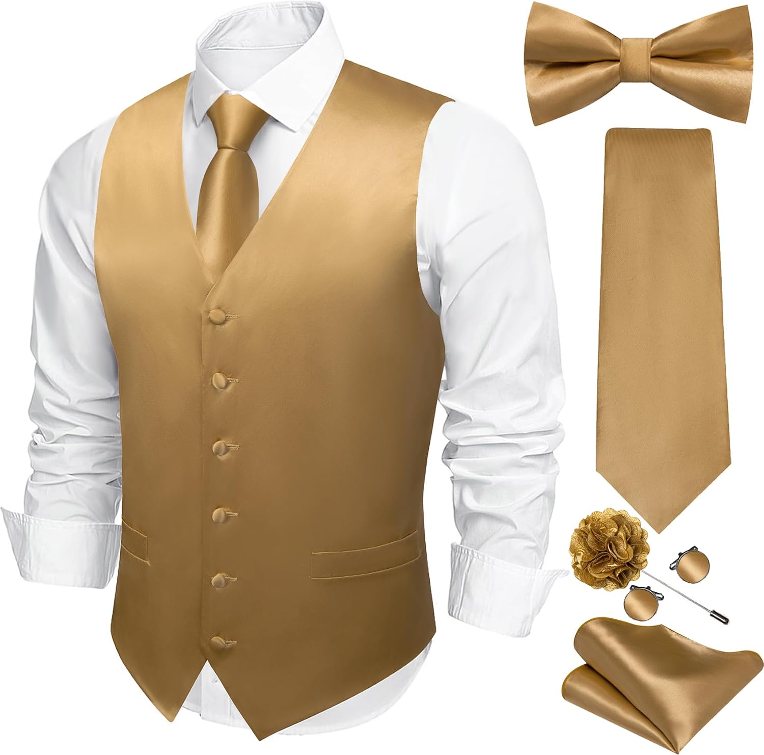 Men's Eight-Piece Suit Vest Set - Jacquard Waistcoat with Tie, Bow Tie, Cufflinks and Lapel Pin - Large (32)
