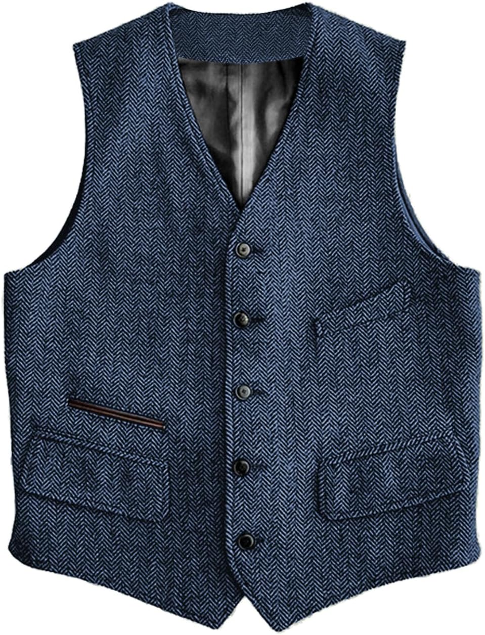 Men's Herringbone Suit Vest - Vintage V-Neck Wool-Blend Waistcoat for Casual and Formal Wear - Small (10)