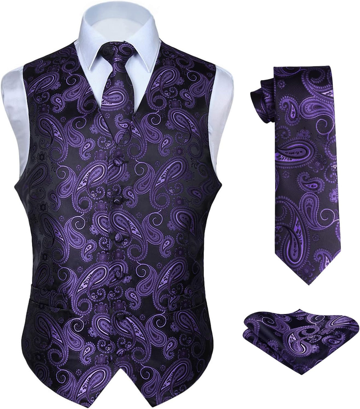 Men's Three-Piece Vest and Tie Set - Paisley Jacquard Waistcoat with Necktie and Pocket Square - Small