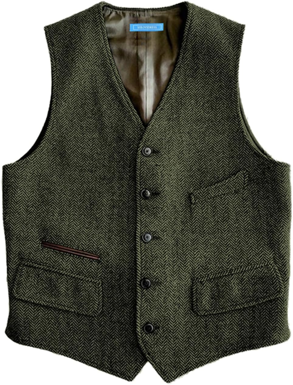 Men's Herringbone Suit Vest - Vintage V-Neck Wool-Blend Waistcoat for Casual and Formal Wear - Small (12)