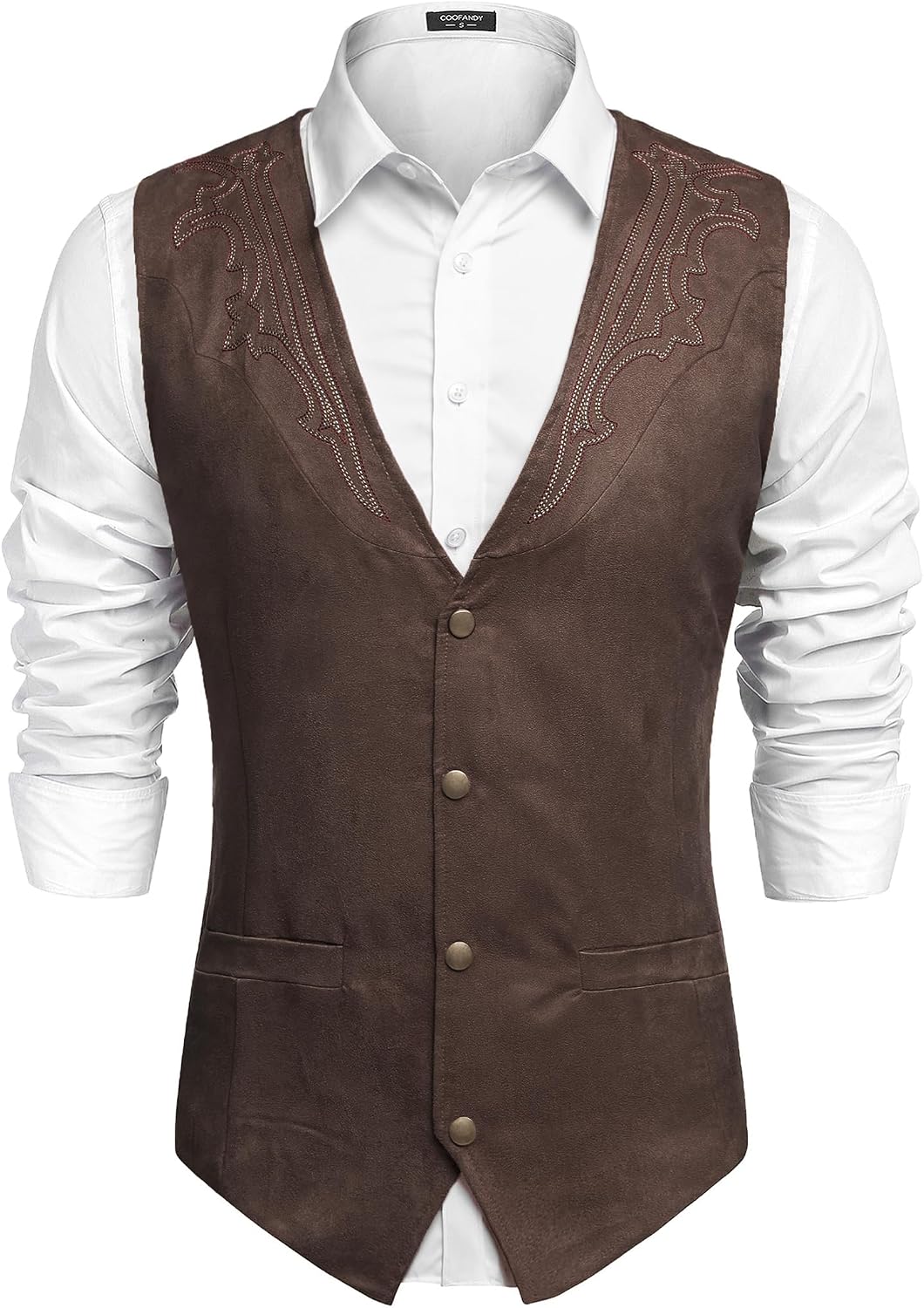 Men's Suede Western Vest - Slim Fit Cowboy Waistcoat with Two Pockets and Button Closure - Small