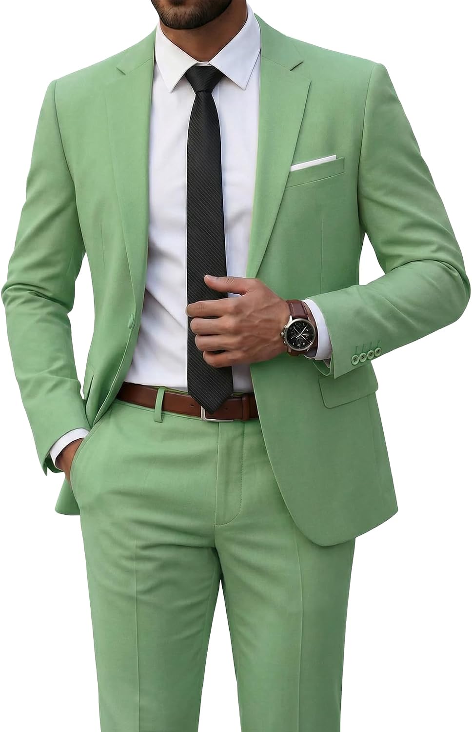 Men's Two-Piece Slim Fit Suit - Stretch One-Button Jacket, Trousers and Tie Set in Solid Colours - Small