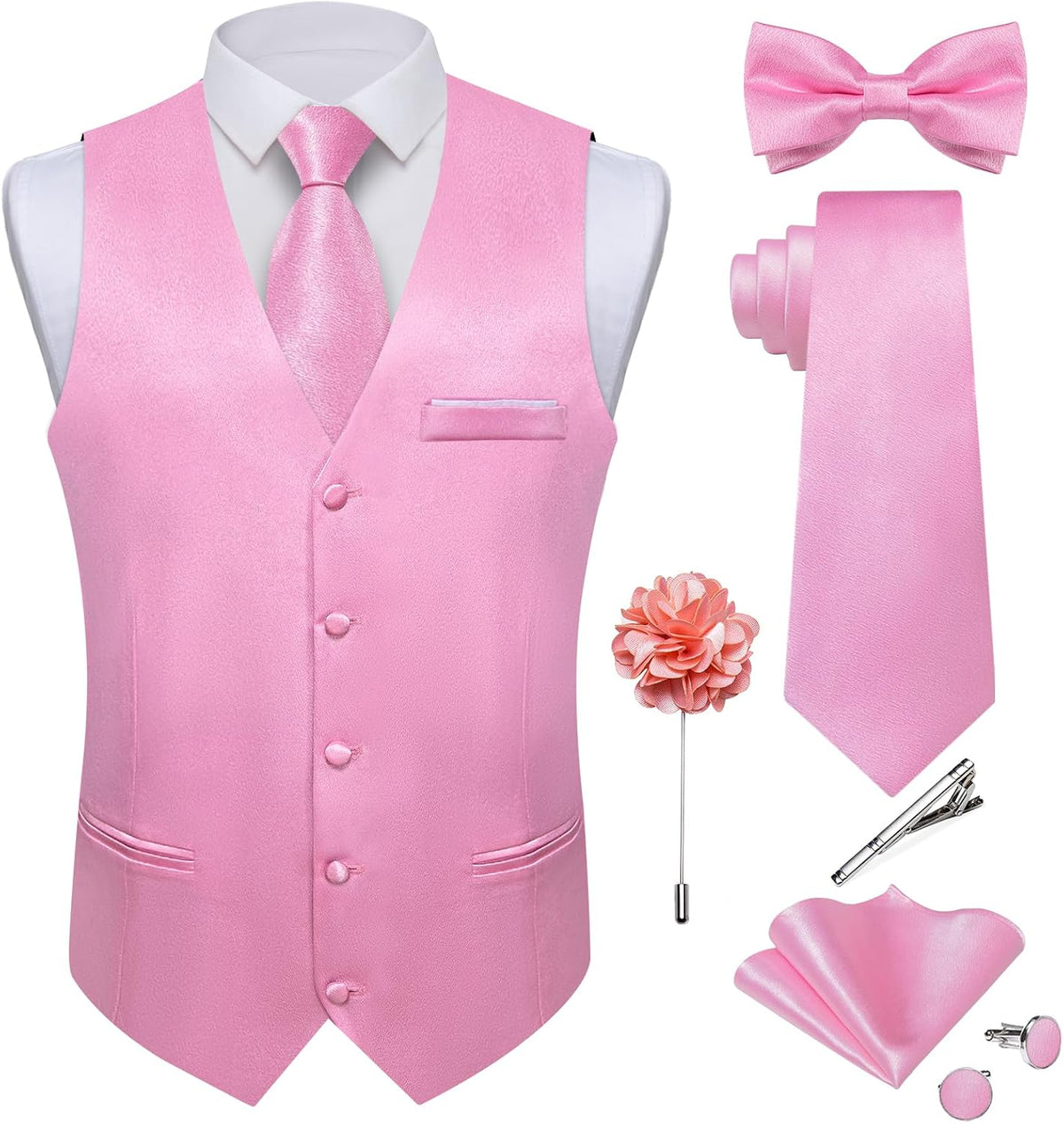 Men's Satin Suit Vest and Tie Set - Eight-Piece Solid Waistcoat, Bow Tie and Lapel Pin for Weddings - Large