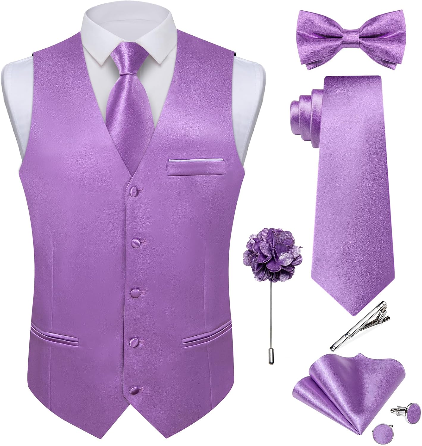 Men's Satin Suit Vest and Tie Set - Eight-Piece Solid Waistcoat, Bow Tie and Lapel Pin for Weddings - Small