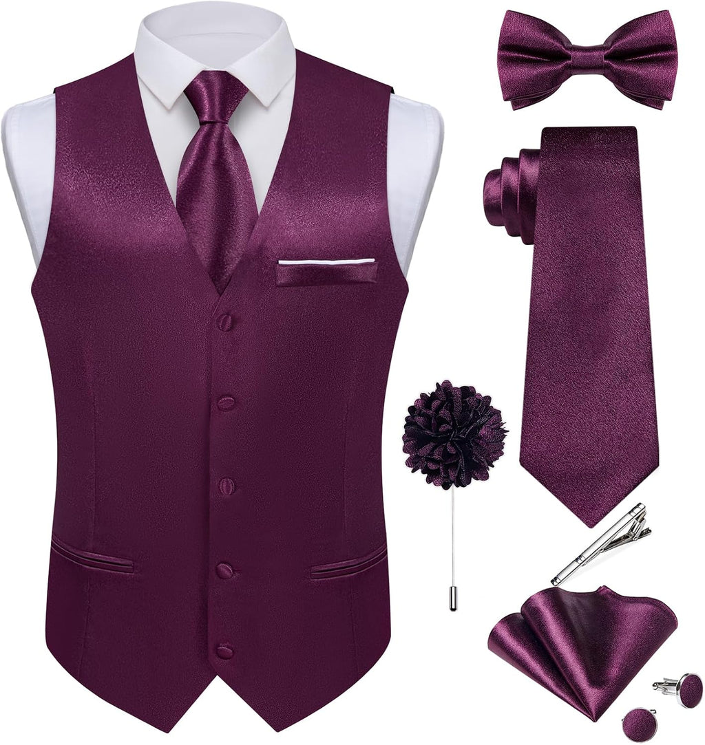 Men's Satin Suit Vest and Tie Set - Eight-Piece Solid Waistcoat, Bow Tie and Lapel Pin for Weddings - Large
