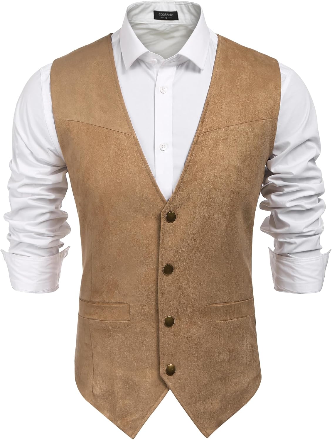 Men's Suede Western Vest - Slim Fit Cowboy Waistcoat with Two Pockets and Button Closure - Medium