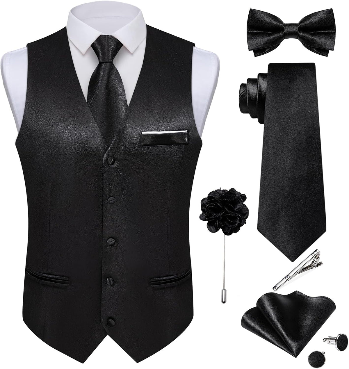 Men's Satin Suit Vest and Tie Set - Eight-Piece Solid Waistcoat, Bow Tie and Lapel Pin for Weddings - Medium
