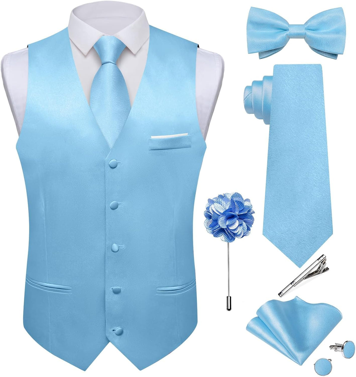 Men's Satin Suit Vest and Tie Set - Eight-Piece Solid Waistcoat, Bow Tie and Lapel Pin for Weddings - Large