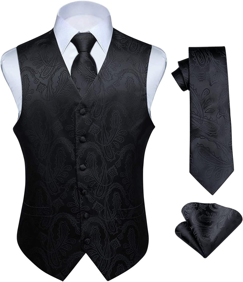 Men's Three-Piece Vest and Tie Set - Paisley Jacquard Waistcoat with Necktie and Pocket Square - Medium