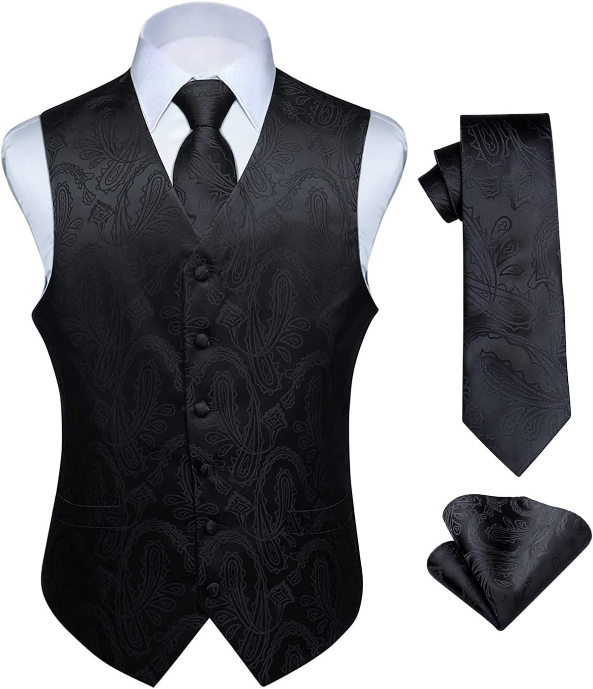 Men's Three-Piece Vest and Tie Set - Paisley Jacquard Waistcoat with Necktie and Pocket Square - Medium