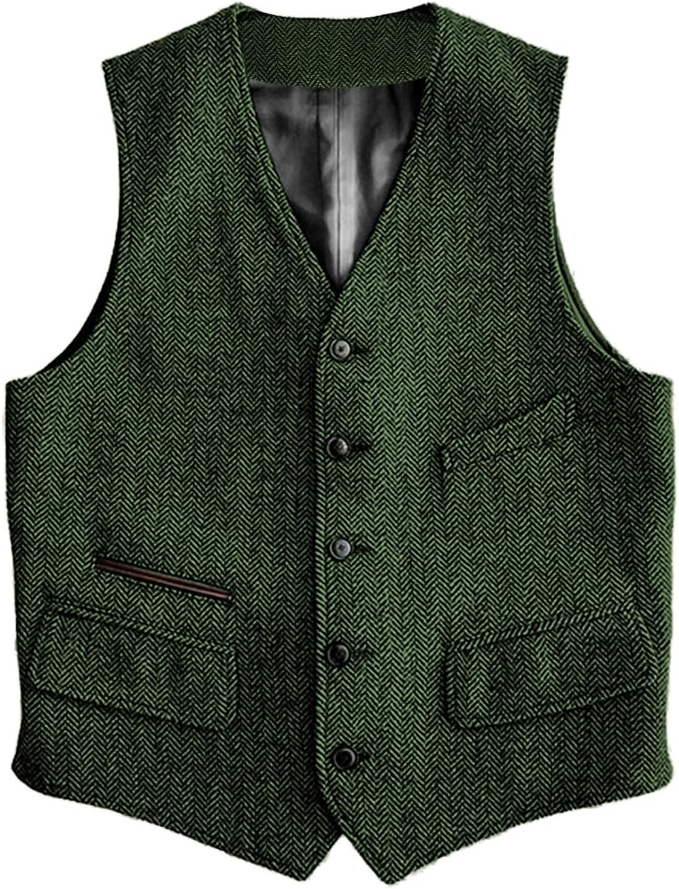Men's Herringbone Suit Vest - Vintage V-Neck Wool-Blend Waistcoat for Casual and Formal Wear - Small