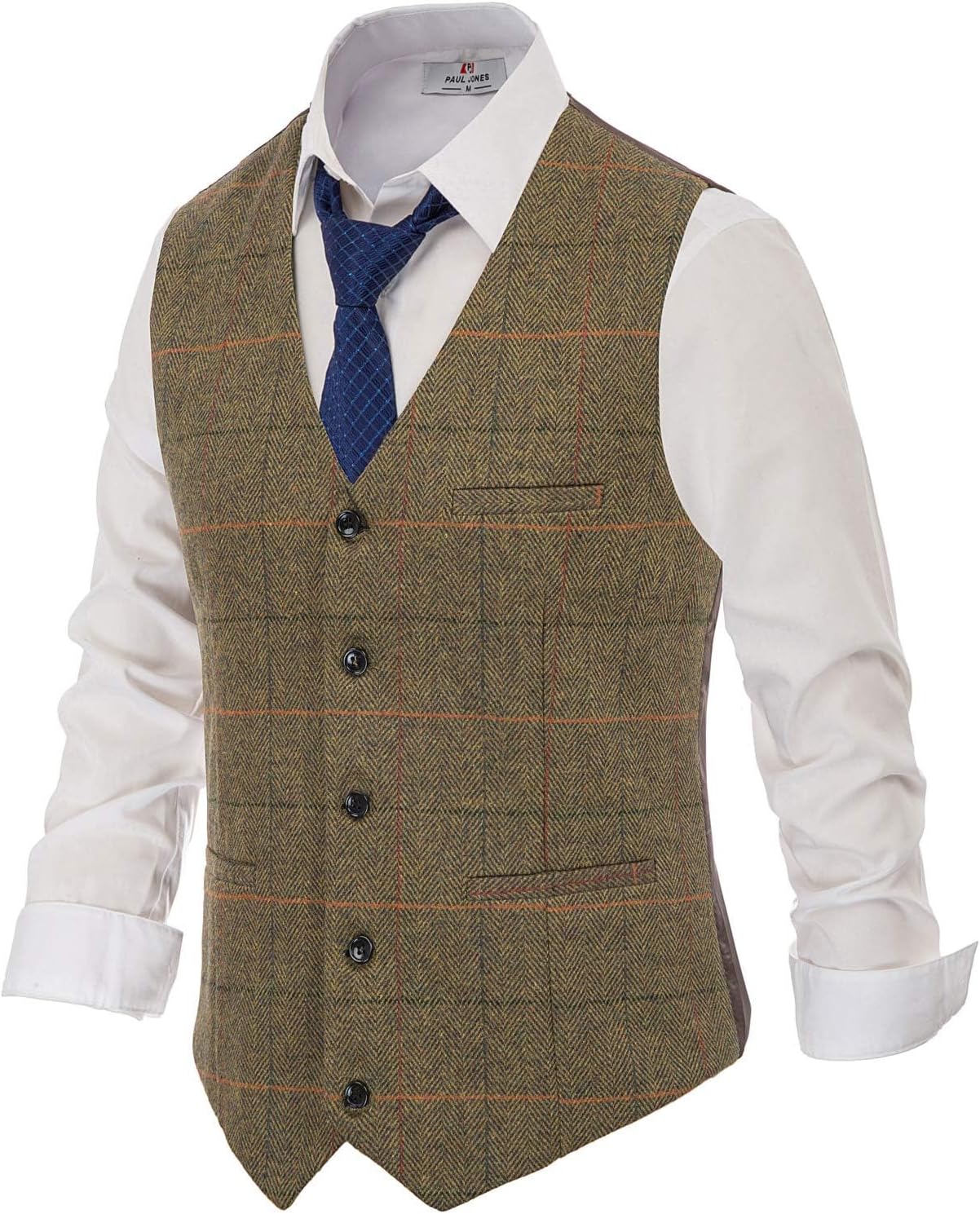 Men's Tweed Suit Vest - Vintage Herringbone Wool-Blend Waistcoat with V Neck and Five Buttons - Medium
