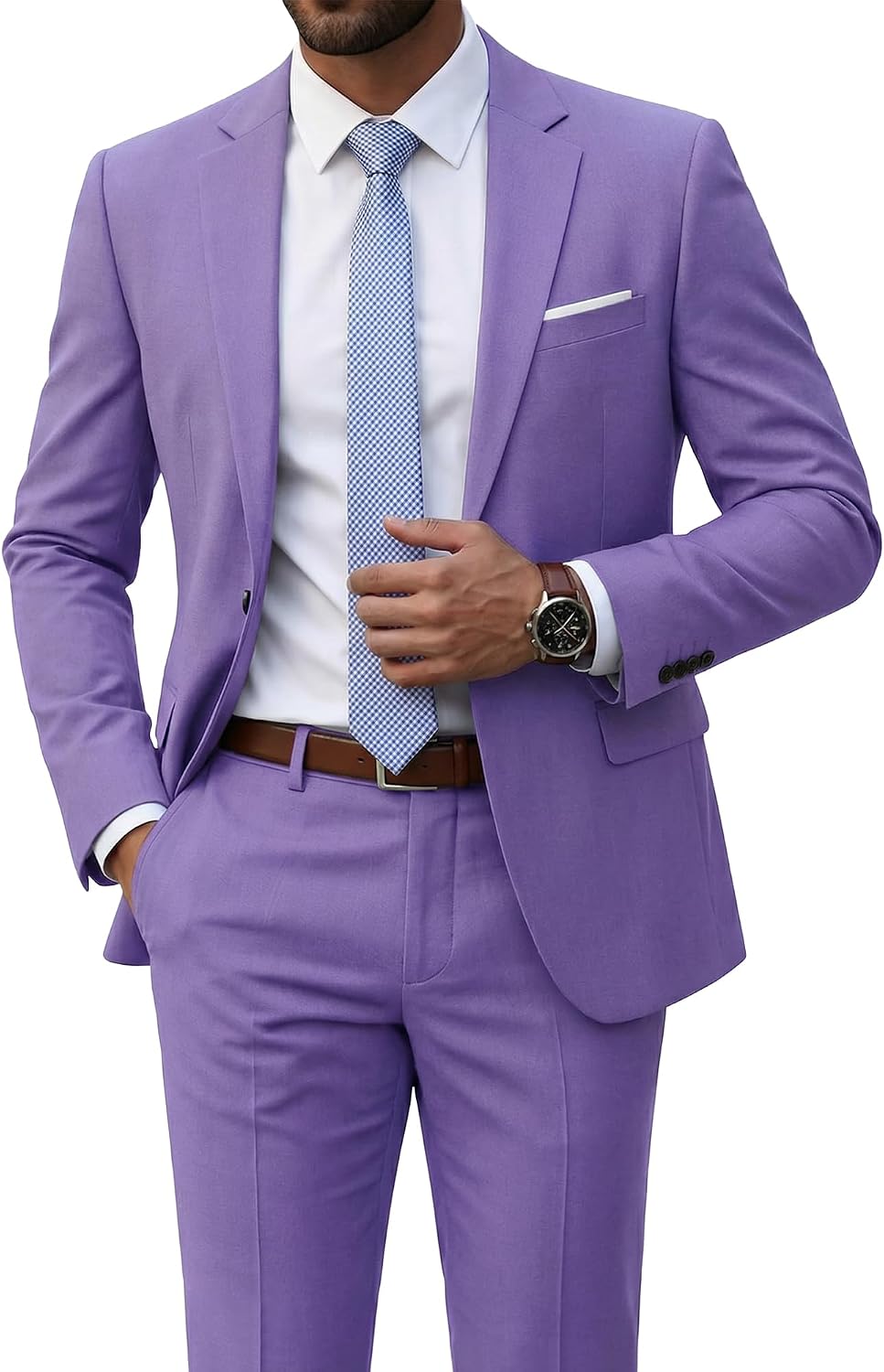 Men's Two-Piece Slim Fit Suit - Stretch One-Button Jacket, Trousers and Tie Set in Solid Colours - Small (13)