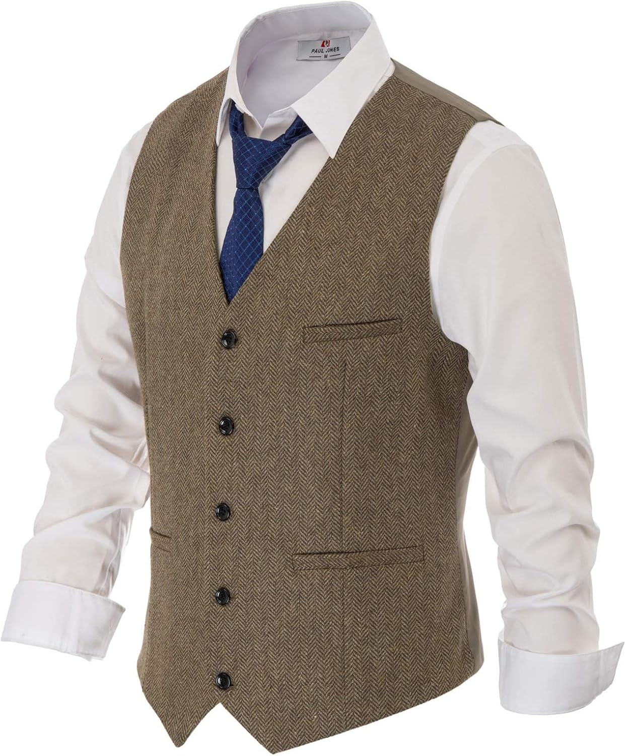 Men's Tweed Suit Vest - Vintage Herringbone Wool-Blend Waistcoat with V Neck and Five Buttons - Small
