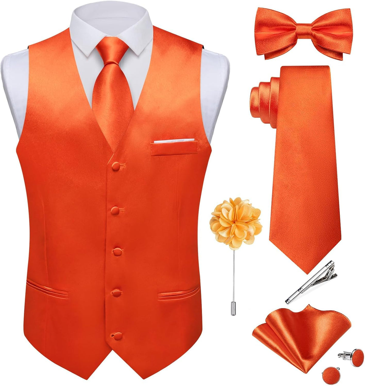 Men's Satin Suit Vest and Tie Set - Eight-Piece Solid Waistcoat, Bow Tie and Lapel Pin for Weddings - Small