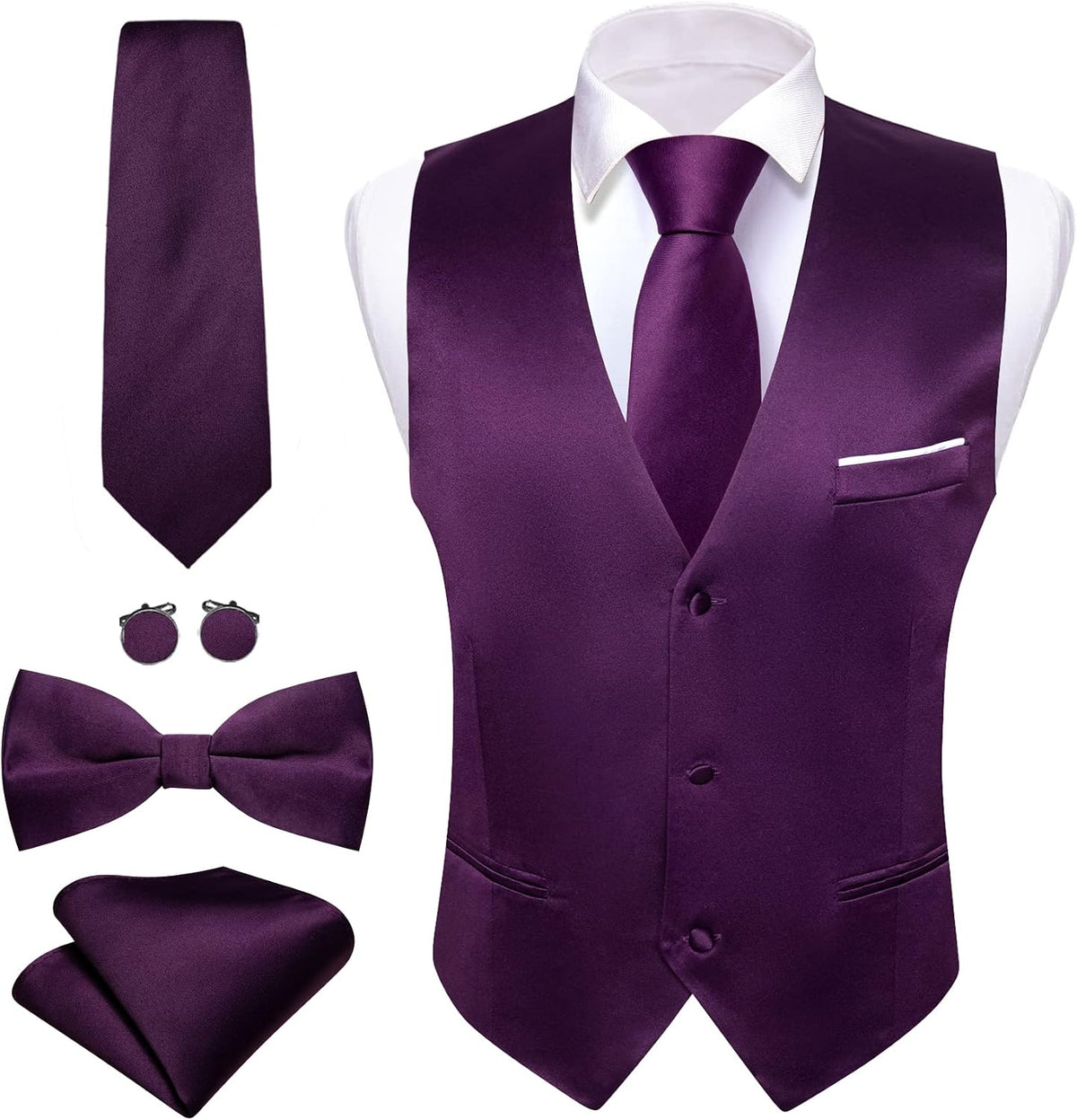 Men's Formal Suit Vest Set - Five-Piece Slim Fit V-Neck Waistcoat with Tie and Bow Tie - Medium