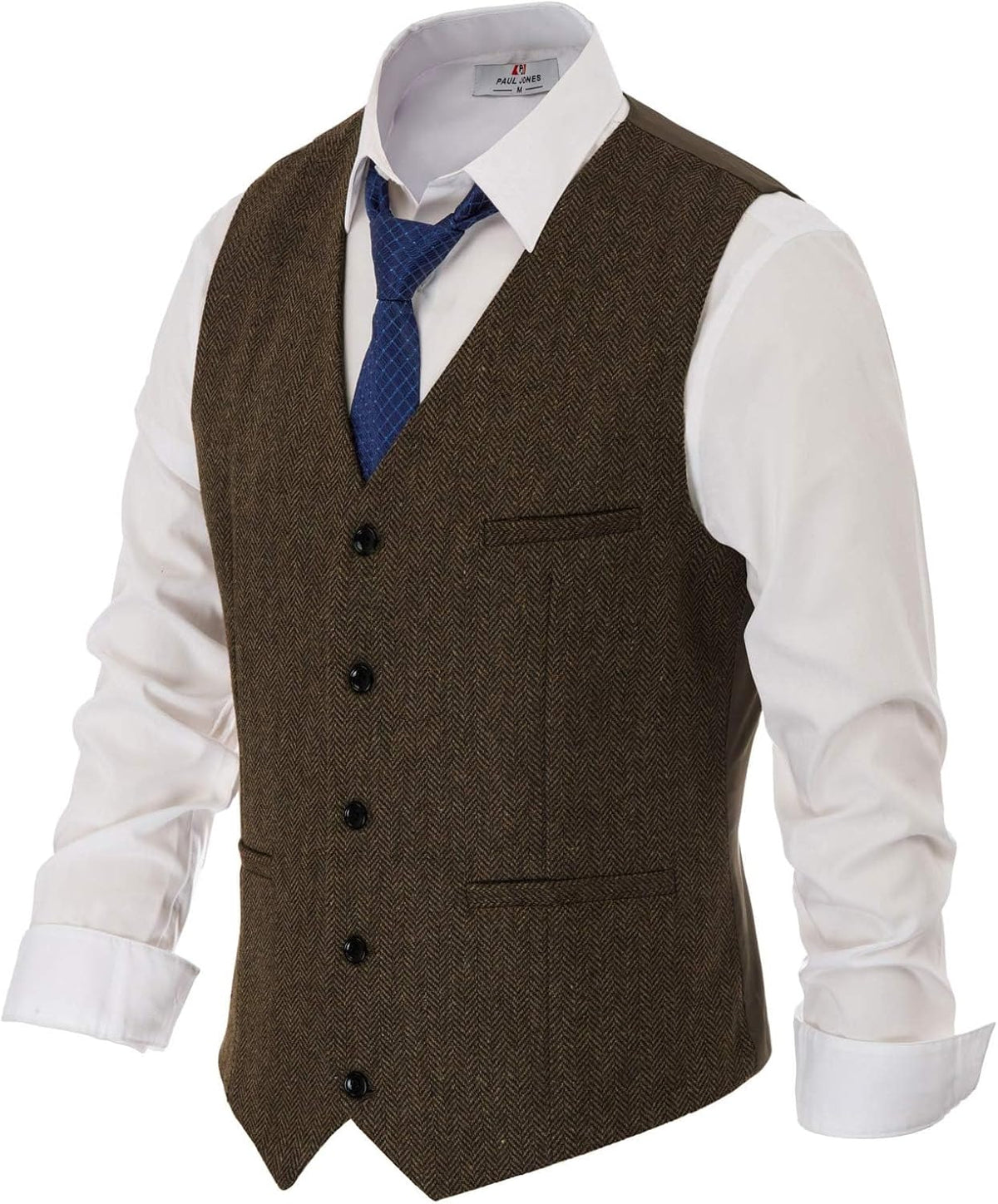 Men's Tweed Suit Vest - Vintage Herringbone Wool-Blend Waistcoat with V Neck and Five Buttons - Small
