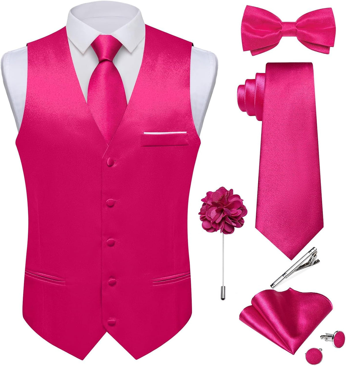 Men's Satin Suit Vest and Tie Set - Eight-Piece Solid Waistcoat, Bow Tie and Lapel Pin for Weddings - Large