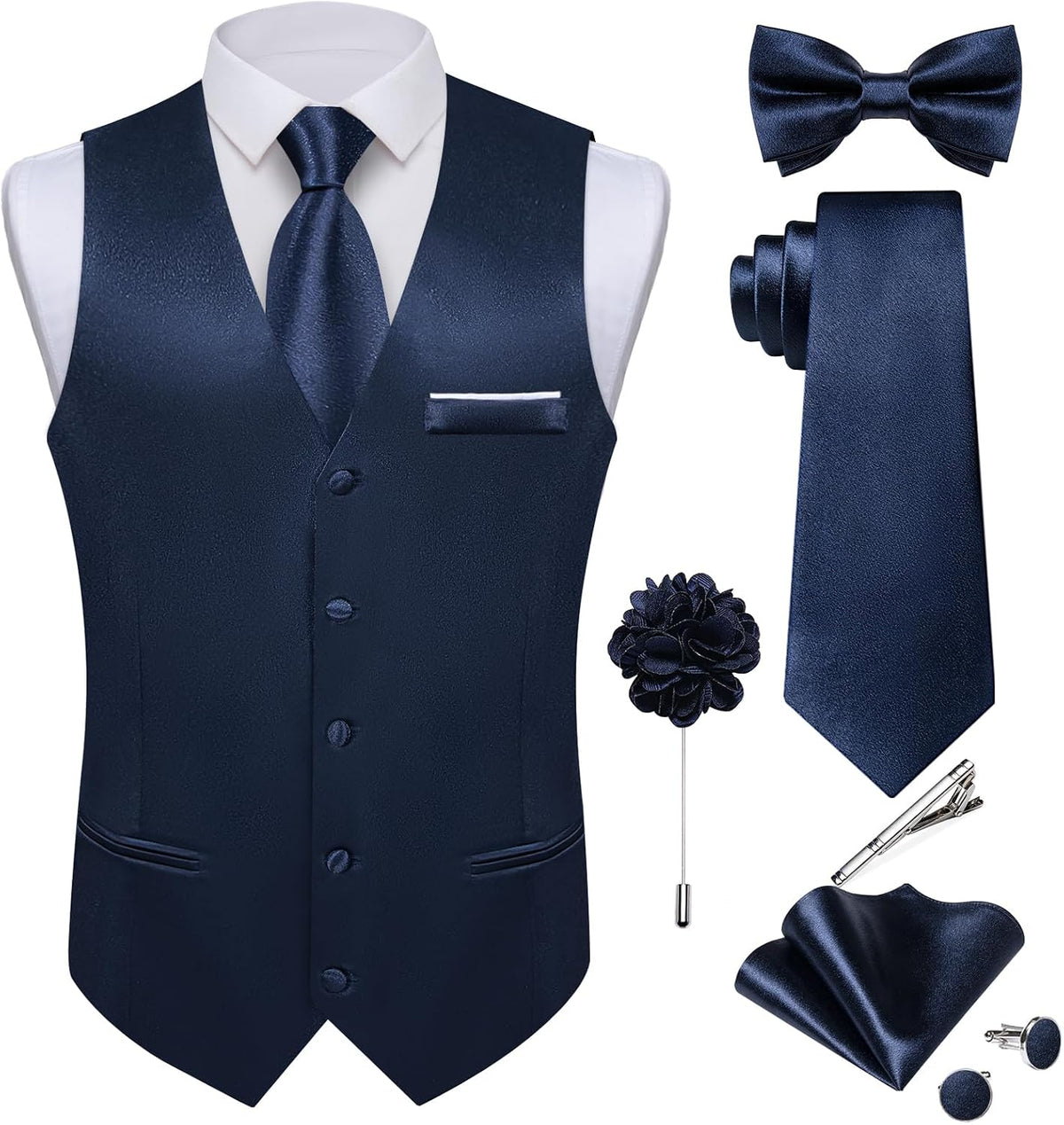 Men's Satin Suit Vest and Tie Set - Eight-Piece Solid Waistcoat, Bow Tie and Lapel Pin for Weddings - Small