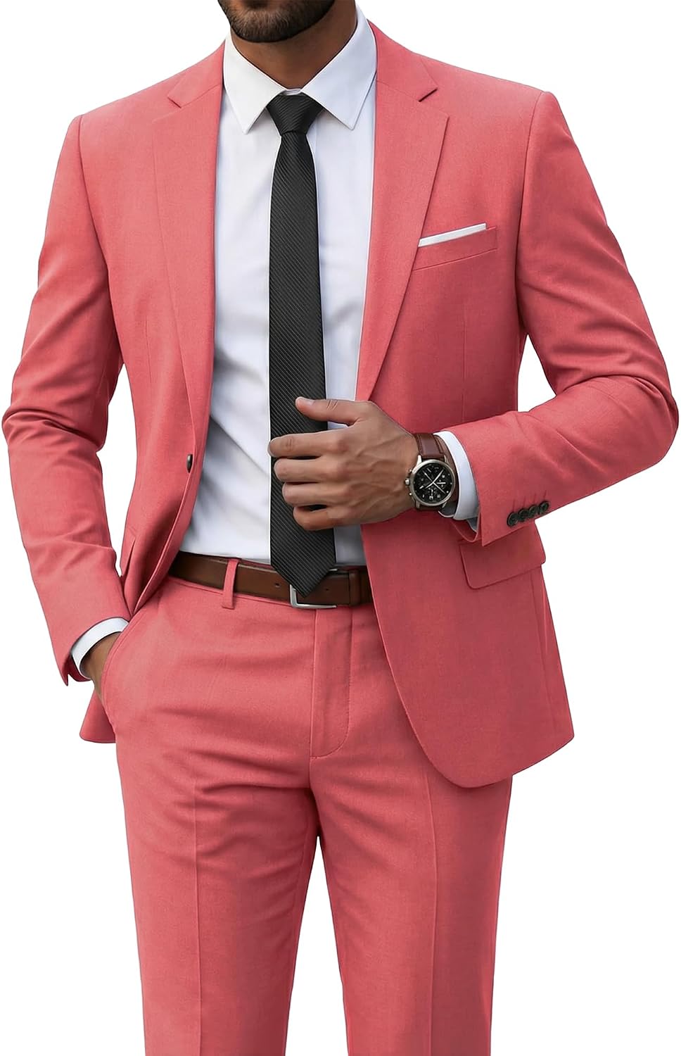 Men's Two-Piece Slim Fit Suit - Stretch One-Button Jacket, Trousers and Tie Set in Solid Colours - Large
