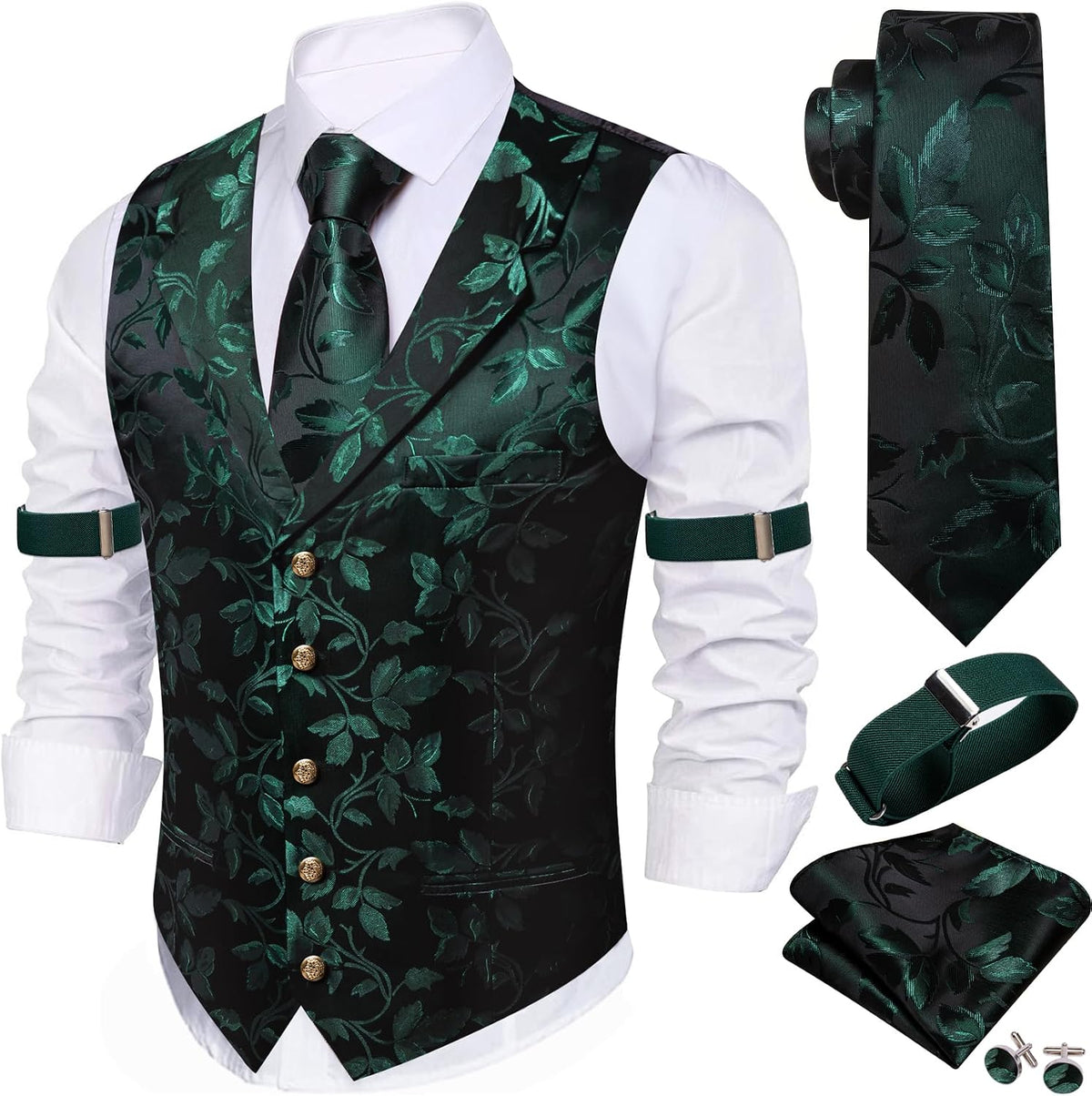 Men's Silk Paisley Suit Vest Set - Five-Piece Shawl Collar Waistcoat with Tie, Handkerchief and Cufflinks - Medium