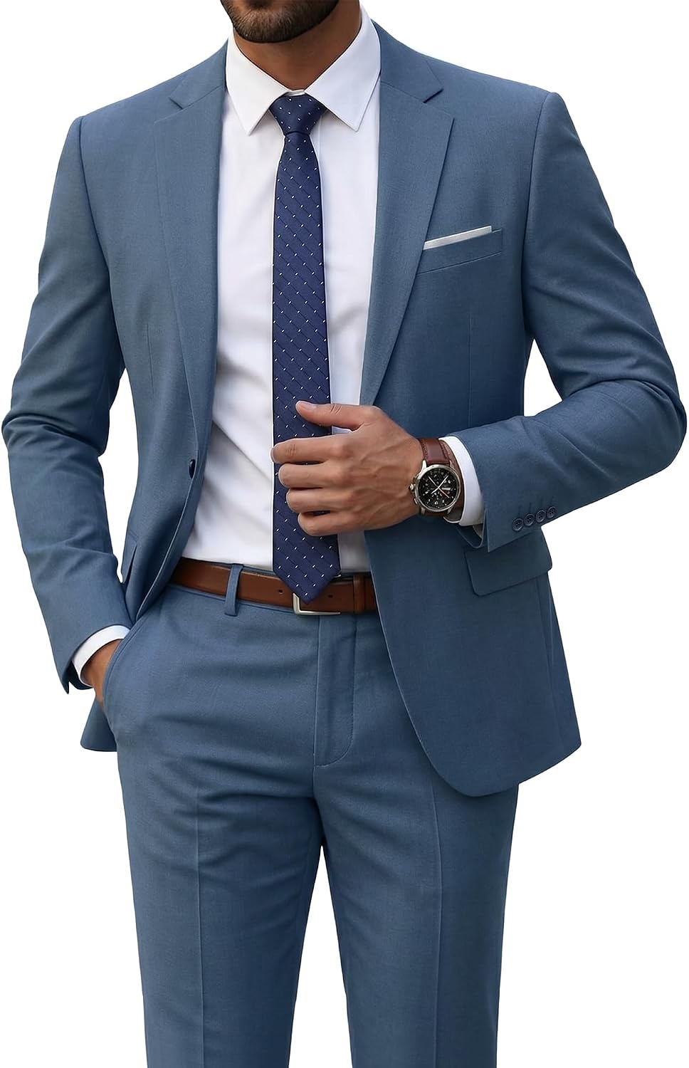 Men's Two-Piece Slim Fit Suit - Stretch One-Button Jacket, Trousers and Tie Set in Solid Colours - Small