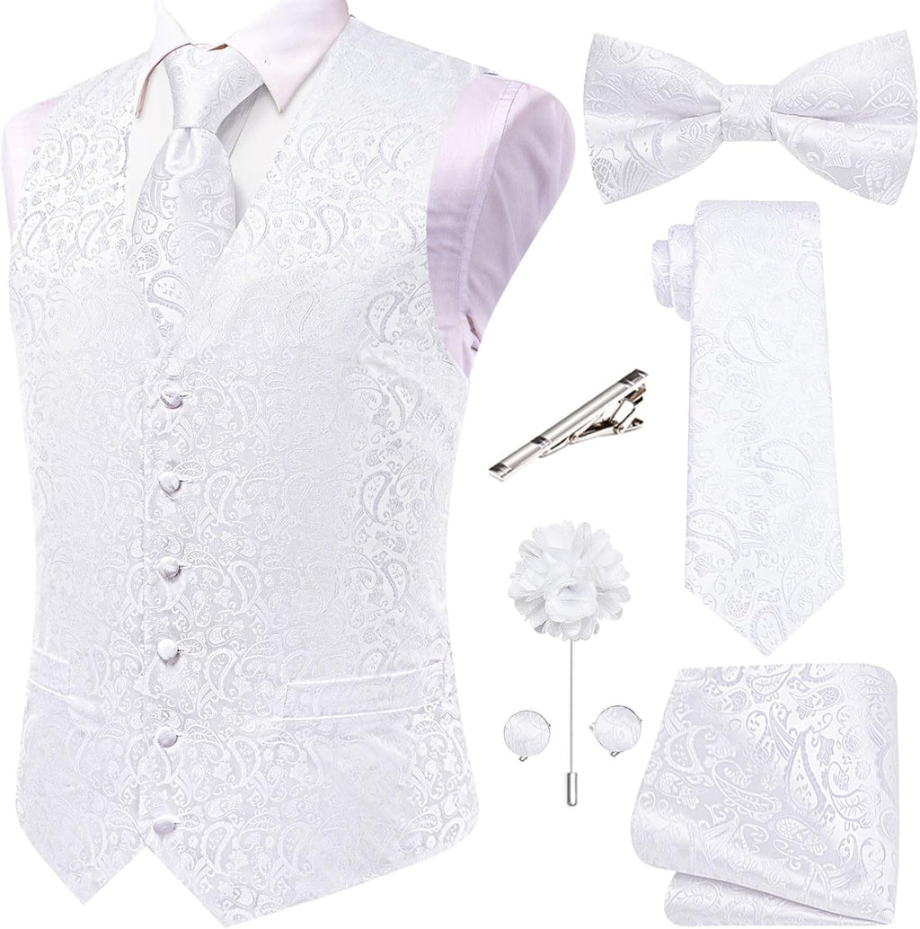 Men's Silk Jacquard Suit Vest Set - Five-Piece Slim Fit Waistcoat, Tie and Bow Tie for Weddings - Small