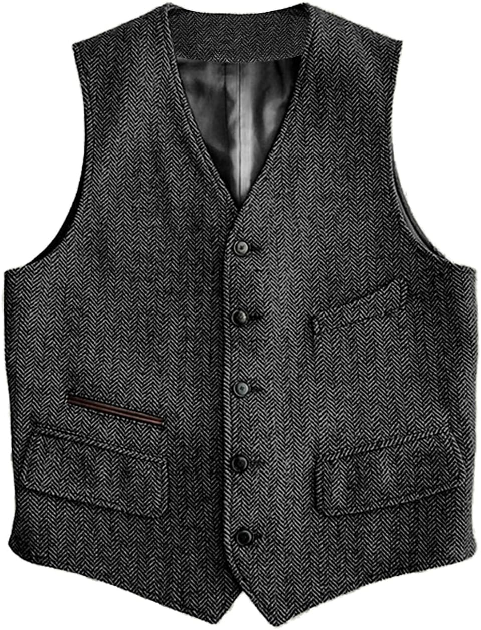 Men's Herringbone Suit Vest - Vintage V-Neck Wool-Blend Waistcoat for Casual and Formal Wear - Small (9)