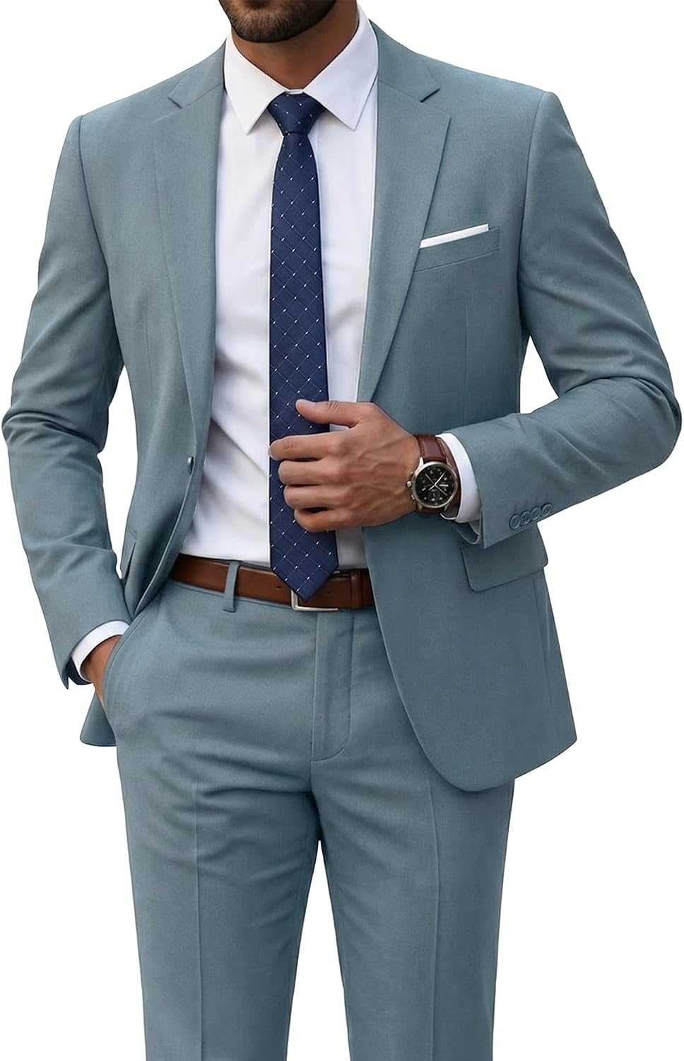 Men's Two-Piece Slim Fit Suit - Stretch One-Button Jacket, Trousers and Tie Set in Solid Colours - Medium