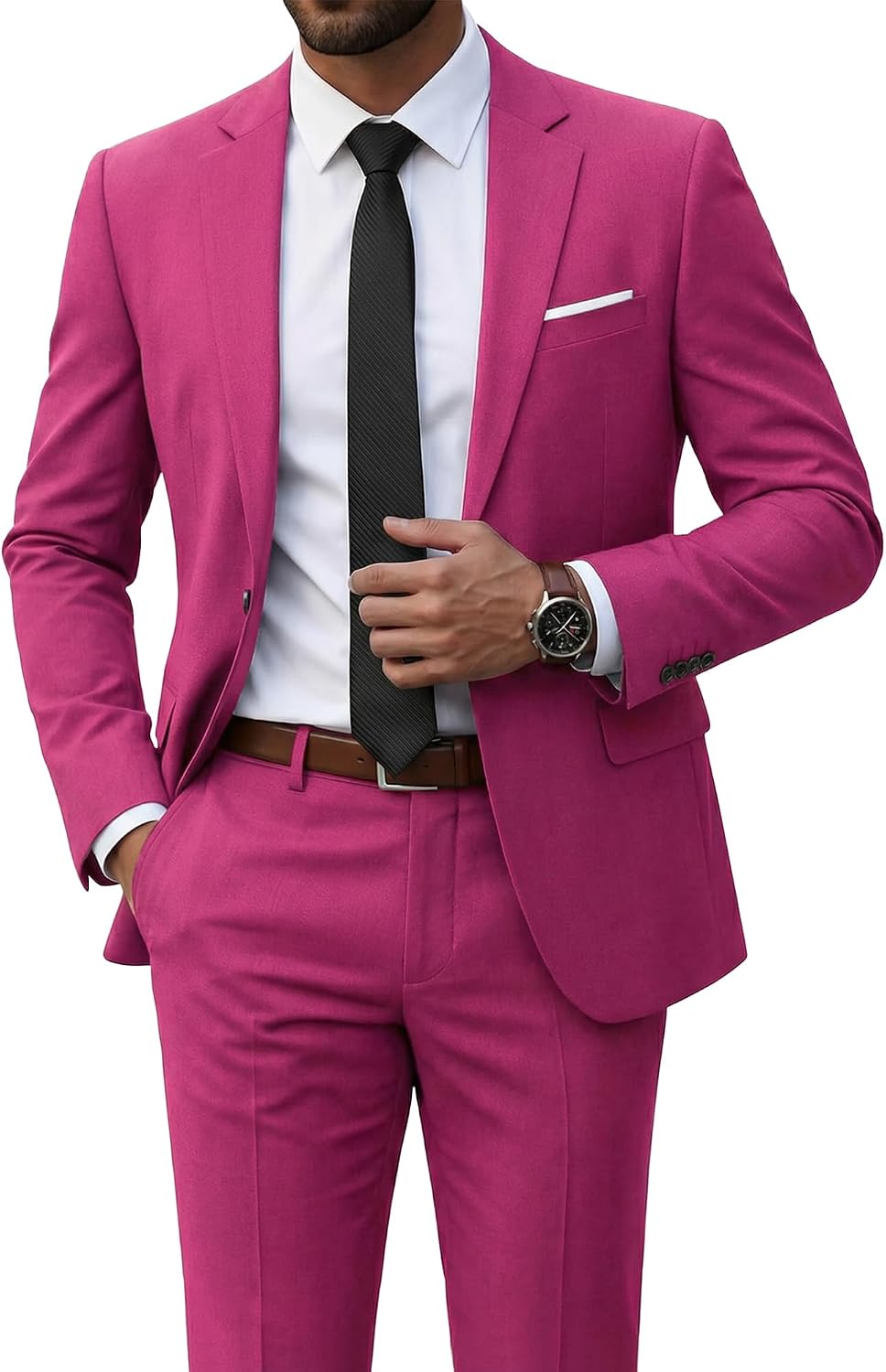 Men's Two-Piece Slim Fit Suit - Stretch One-Button Jacket, Trousers and Tie Set in Solid Colours - Medium