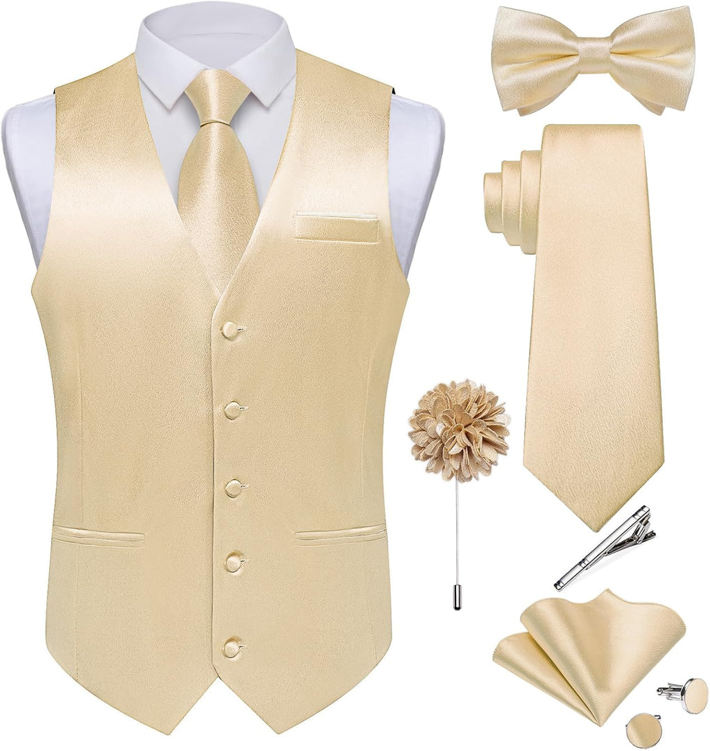 Men's Satin Suit Vest and Tie Set - Eight-Piece Solid Waistcoat, Bow Tie and Lapel Pin for Weddings - Large (26)